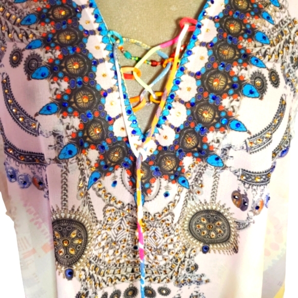 COLORFUL ☆ RHINESTONE ACCENTED ☆ CAFTAN TOP/POOL COVER-UP ☆ NWT - Picture 4 of 15
